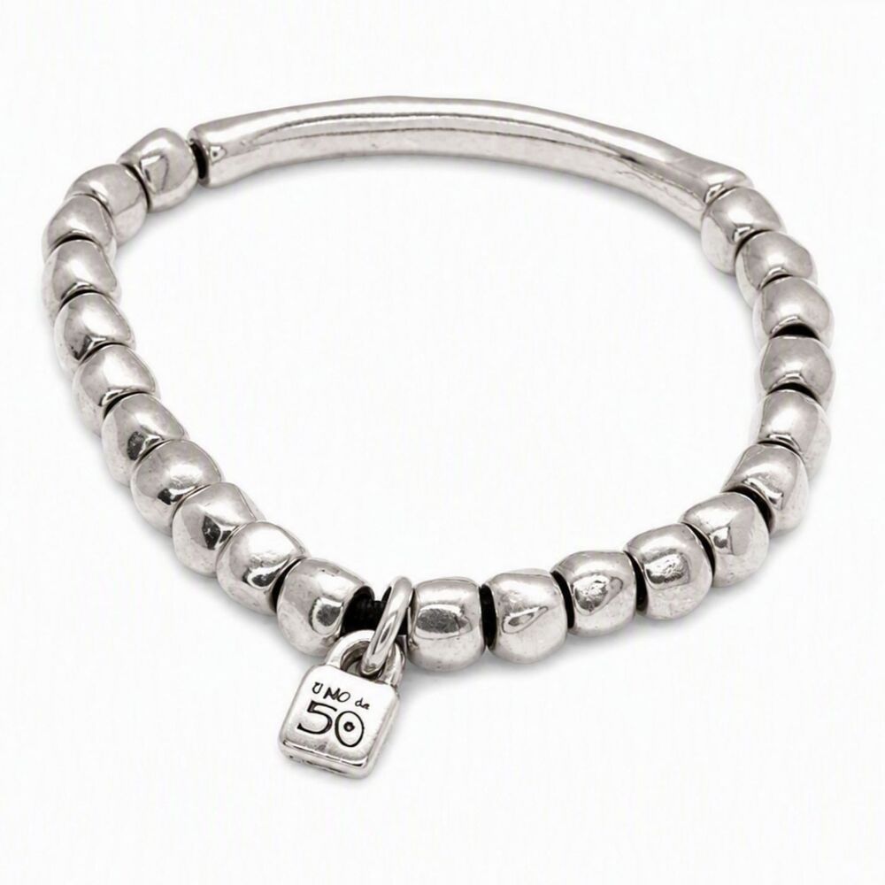 Signed Uno de 50 Silver Tone Metal Beaded Stretch Bracelet Padlock Charm 7.5"